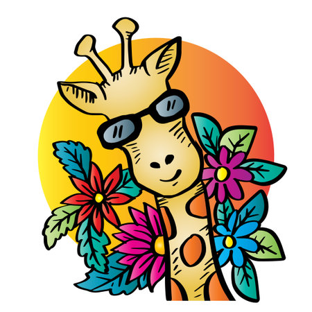 Cartoon cute giraffe face with sunglassesのイラスト素材