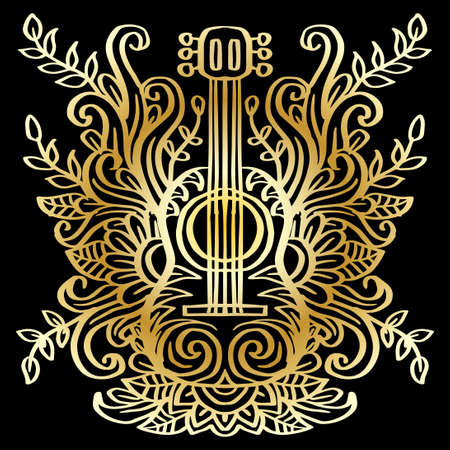 Hand drawing guitar with floral ornamentのイラスト素材