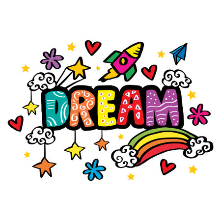 Dream word hand lettering decorative.  Poster quote for kids.のイラスト素材