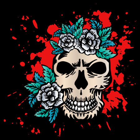 Human skull with roses. Hand drawing illustration.のイラスト素材