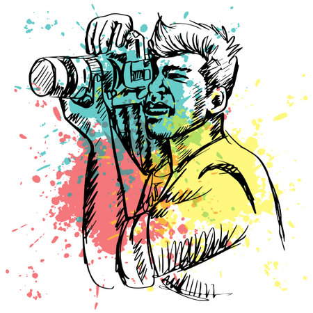 Sketch of photographer with splatter water.のイラスト素材