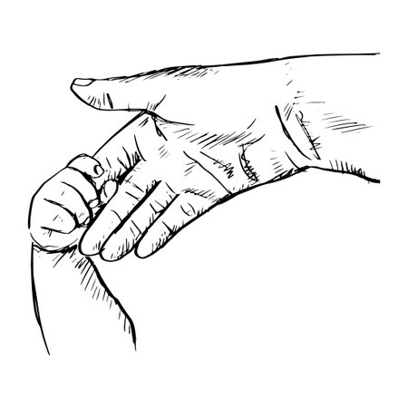 Hand of baby holding mother, sketch drawing illustration.のイラスト素材