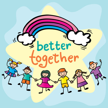 Vektor für Better together, hand lettering with kids holding hands. Wall art poster for kindergarten classroom - Lizenzfreies Bild