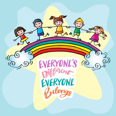 Everyone's different everyone belongs, hand lettering with happy kids. Wall art for classroom posterのイラスト素材
