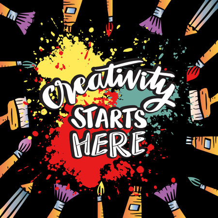 Creativity stars here, hand lettering. Poster quote for classroom decoration.のイラスト素材