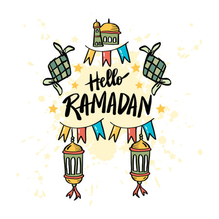 Hello Ramadan. Hand lettering greetings Ramadan Kareemのイラスト素材