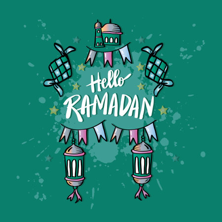 Hello Ramadan. Hand lettering greetings Ramadan Kareemのイラスト素材