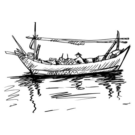 Sketch drawing fisherman boat fishingのイラスト素材
