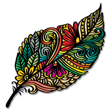 Doodle feather with floral ornamentのイラスト素材