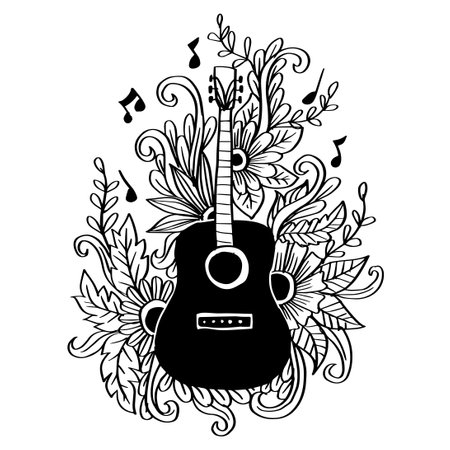 Doodle guitar with floral ornament. Poster quotes.のイラスト素材