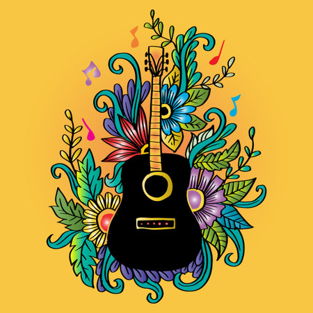 Doodle guitar with floral ornament. Poster quotes.のイラスト素材
