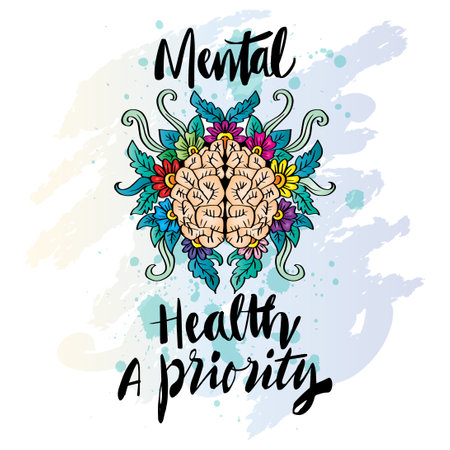 Mental health a priority, hand lettering.  Poster quotes.のイラスト素材
