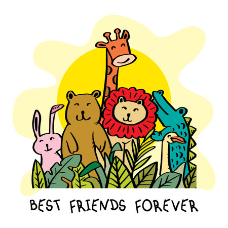 Best friends forever lettering with cute animals.のイラスト素材