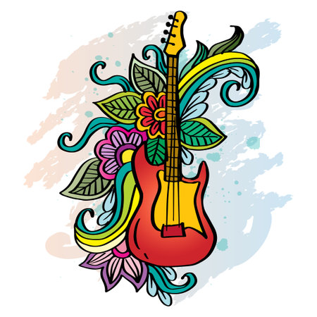 Doodle drawing guitar illustration with floral ornament.のイラスト素材