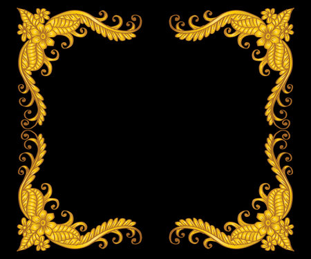 Doodle drawing gold floral frame with black backgroundのイラスト素材