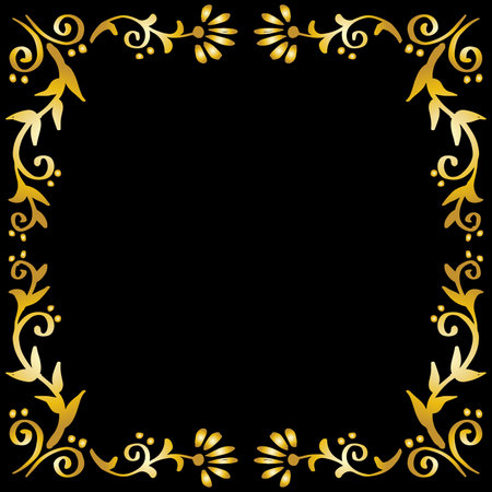 Doodle drawing gold floral frame with black backgroundのイラスト素材