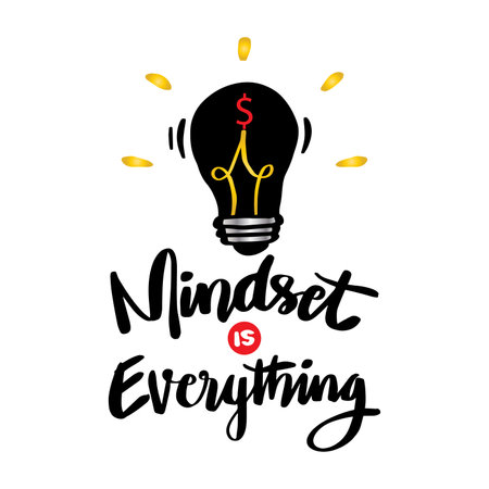 Hand drawn vector abstract stock graphic illustration with lightbulb and word Mindset is everything. Motivational quote. Creativity isolated on white backgroundのイラスト素材