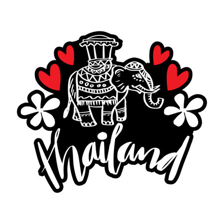 Thailand travel landmark. Hand drawn vector illustration of an Indian elephant with a hat, flowers and hearts.. World country travel landmark icon.のイラスト素材