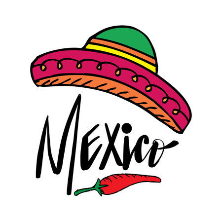Mexican sombrero with chilli pepper. Vector illustration. Mexico travel landmark. World country travel landmark icon.のイラスト素材