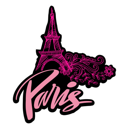 Paris hand drawn lettering with Eiffel tower. Vector illustration. Paris travel landmark. World country travel landmark icon.のイラスト素材