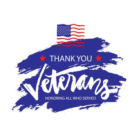 Thank you card design.  Happy Veterans Day. USA flag on brush stroke background. Vector illustration.のイラスト素材