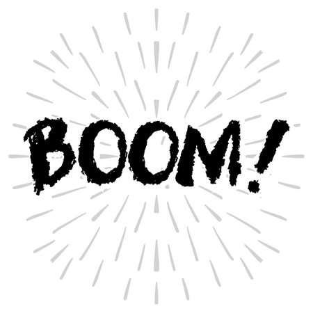 Boom. Hand drawn lettering. Black and white vector illustration.のイラスト素材