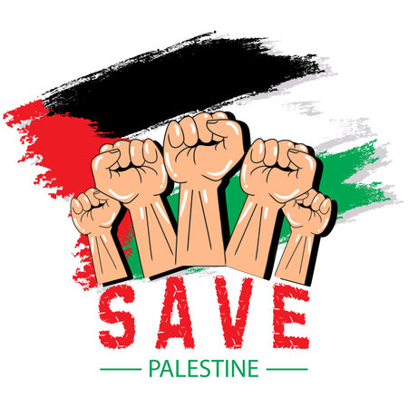 Poster with a hand clenched into a fist in the colors of the flag of the Palestine. Vector illustrationのイラスト素材