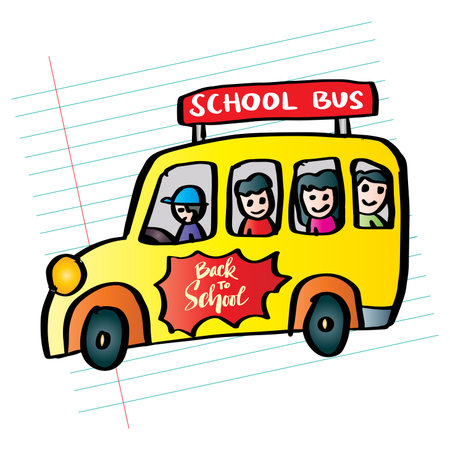 School bus with children. Back to school design. Vector illustration.