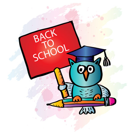 Back to school. Vector illustration with owl, pencil and sign.のイラスト素材