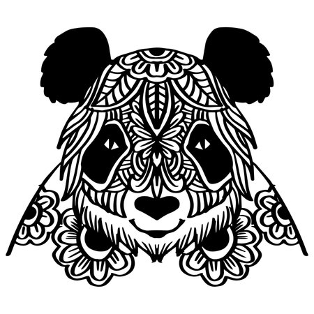 Panda head with mandala. Black and white vector illustration.のイラスト素材