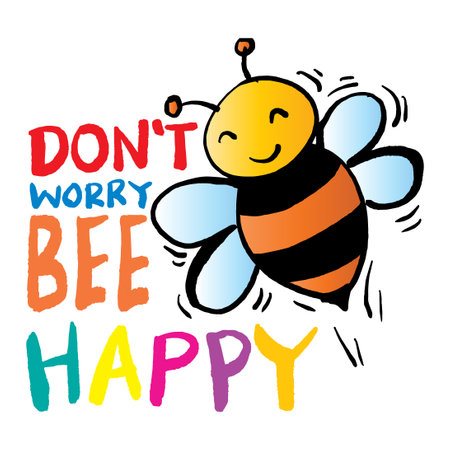 Don't worry bee happy. Hand drawn vector lettering with cute cartoon bee. Vector illustrationのイラスト素材