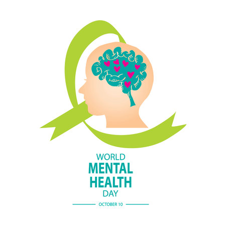 World Mental Health Day. Vector illustration with human head silhouette and green ribbon.のイラスト素材