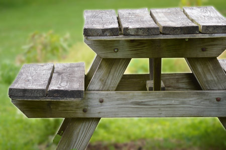 Old worn picnic table in the green grassの写真素材