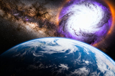 Earth, sun and galaxy. Elements of this image furnished by NASAの素材