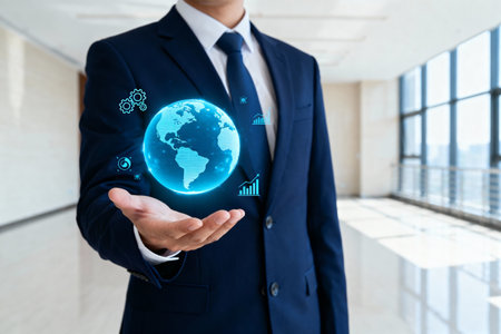 A man in a suit holds a digital globe, symbolizing global business, technology, and innovation in a modern office setting.の素材