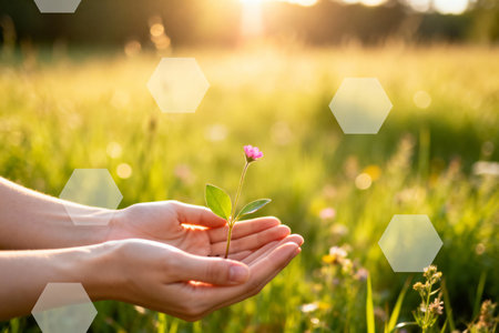 A close-up shot captures hands gently holding a small flower with a green background. The sun shines brightly, creating a warm and inviting atmosphere.の素材