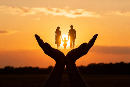 A loving family silhouette is cradled in hands, set against a vibrant orange sunset, symbolizing protection and care.の素材