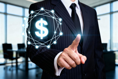 A man in a suit points at a glowing dollar sign, symbolizing finance and business success, in a contemporary office environment.の素材
