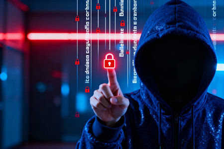 A hooded figure, representing a hacker, interacts with a digital lock, symbolizing cybersecurity threats and data protection in a digital environment.の素材