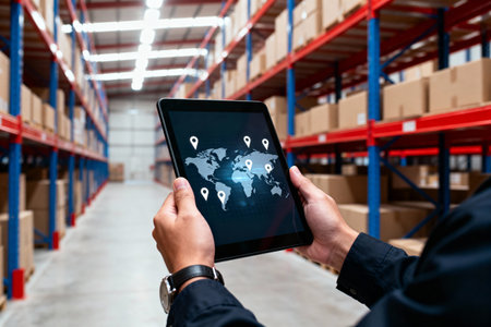 A person in a warehouse holds a tablet displaying a world map with location pins, symbolizing global shipping and supply chain management.の素材