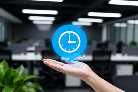 A hand presents a clock icon against a blurred office background, symbolizing time management and deadlines in a work environment.の素材