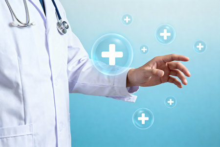 A doctor in a white coat reaching towards glowing plus signs, symbolizing healthcare and medicine on a blue background.の素材