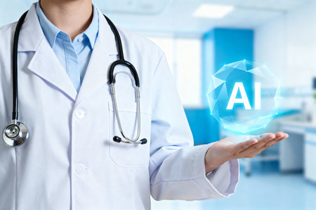 A doctor in a white coat holds a glowing AI sphere, symbolizing the integration of artificial intelligence in healthcare within a modern medical environment.の素材