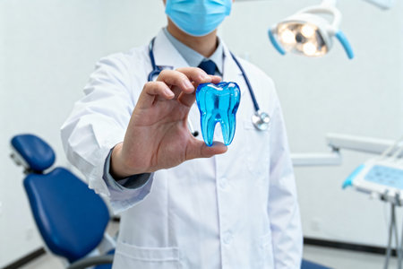 A dentist wearing a mask and lab coat holds a blue tooth model, showcasing dental health and care in a modern clinic.の素材
