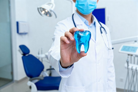 A dentist in a white coat and mask holds a blue tooth model in a dental office, promoting dental health.の素材
