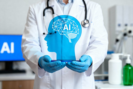 A medical professional, wearing a lab coat and gloves, presents a digital brain with AI, representing advancements in healthcare.の素材