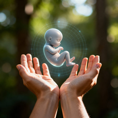 A pair of hands gently holding a digital representation of a fetus, surrounded by a glowing blue aura, symbolizing care and protection, with a soft green backdrop.の素材