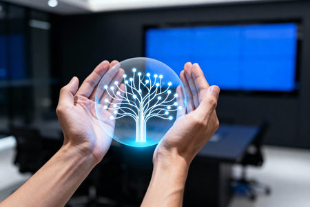 Two hands cradle a glowing digital tree, symbolizing technology and growth, set against a blurred office background with a screen.の素材