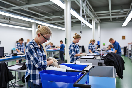 Several young women and men are working in a factory, wearing gloves and plaid shirts, focused on their tasks. The scene is bright and organized.の素材
