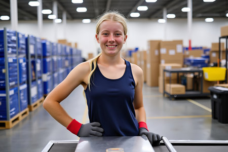 A young woman in a warehouse smiles while standing next to a metal cart, wearing gloves and a tank top.の素材